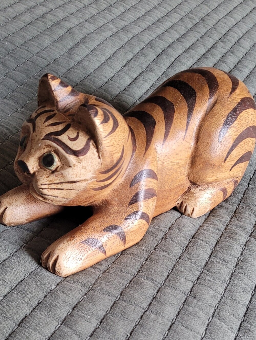 Hand-Carved Wood Tiger Figurine in Warm Brown